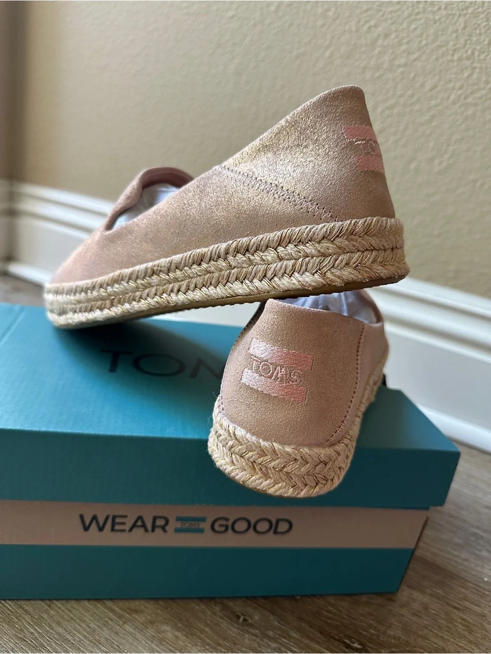 TOMS Women’s Carolina Espadrille Slip-On Shoes in Pale Rose Metallic suede